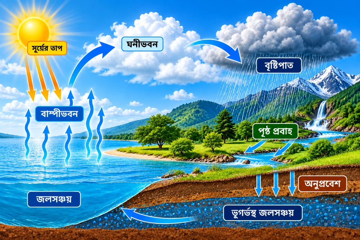 জল চক্রের বিভিন্ন পর্যায় চিত্র - সূর্যের তাপ, বাষ্পীভবন, ঘনীভবন, বৃষ্টিপাত, পৃষ্ঠ প্রবাহ, অনুপ্রবেশ ও ভূগর্ভস্থ জলসঞ্চয়