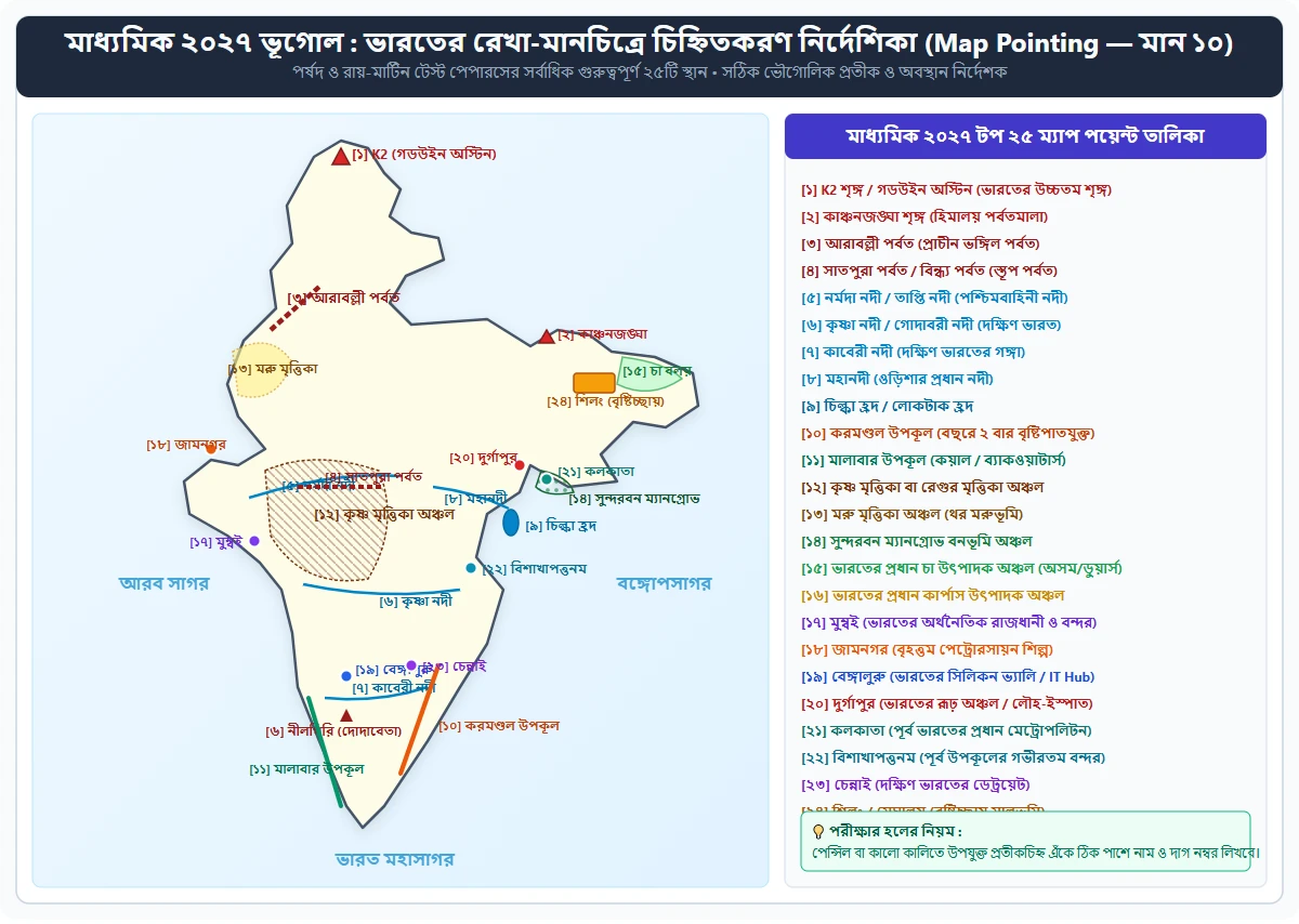 মাধ্যমিক ২০২৭ ভূগোল ম্যাপ পয়েন্টিং চিহ্নিতকরণ পূর্ণাঙ্গ নির্দেশিকা মানচিত্র